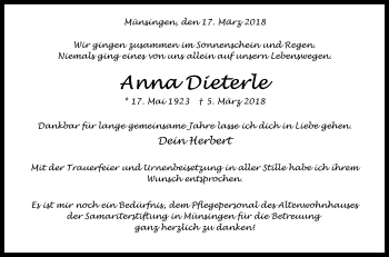 Traueranzeige von Anna Dieterle von Alb-Bote/Metzinger-Uracher Volksblatt