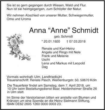 Traueranzeige von Anna Schmidt von SÜDWEST PRESSE Ausgabe Ulm/Neu-Ulm