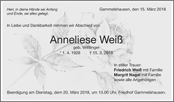 Traueranzeige von Anneliese Weiß von NWZ Neue Württembergische Zeitung