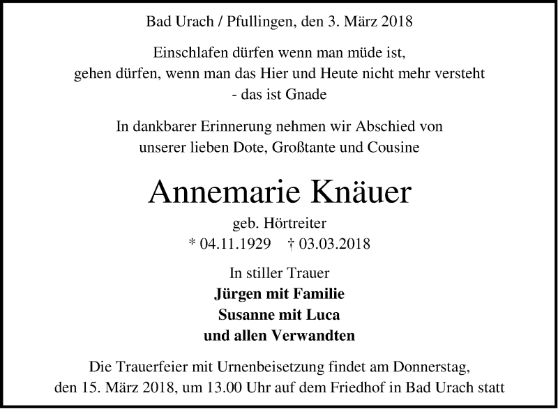  Traueranzeige für Annemarie Knäuer vom 10.03.2018 aus Metzinger-Uracher Volksblatt