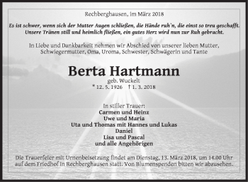 Traueranzeige von Berta Hartmann von NWZ Neue Württembergische Zeitung