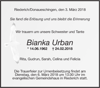 Traueranzeige von Bianka Urban von Metzinger-Uracher Volksblatt