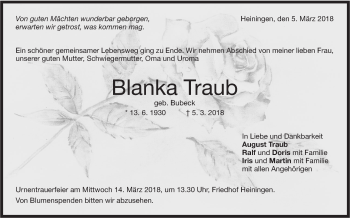 Traueranzeige von Blanka Traub von NWZ Neue Württembergische Zeitung