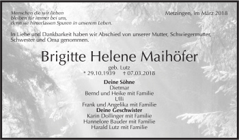 Traueranzeige von Brigitte Helene Maihöfer von Metzinger-Uracher Volksblatt