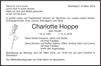 Traueranzeige von Charlotte Hoppe von NWZ Neue Württembergische Zeitung