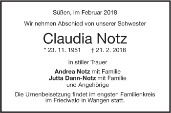 Traueranzeige von Claudia Notz von NWZ Neue Württembergische Zeitung/Geislinger Zeitung