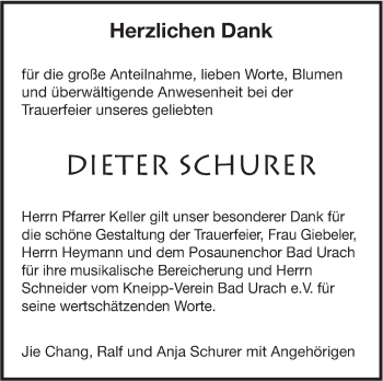 Traueranzeige von Dieter Schurer von Metzinger-Uracher Volksblatt