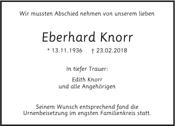 Traueranzeige von Eberhard Knorr von SÜDWEST PRESSE Ausgabe Ulm/Neu-Ulm