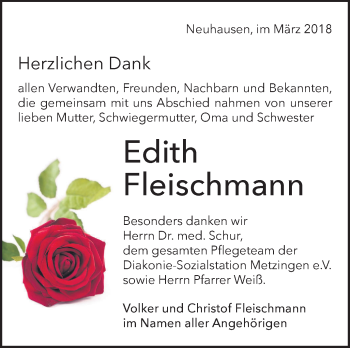Traueranzeige von Edith Fleischmann von Metzinger-Uracher Volksblatt