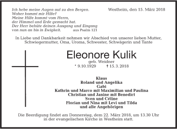 Traueranzeige von Eleonore Kulik von Haller Tagblatt