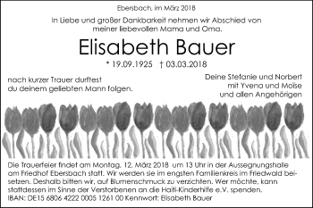 Traueranzeige von Elisabeth Bauer von NWZ Neue Württembergische Zeitung