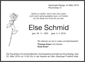 Traueranzeige von Else Schmid von Geislinger Zeitung