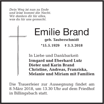 Traueranzeige von Emilie Brand von Hohenloher Tagblatt