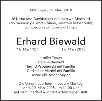 Traueranzeige von Erhard Biewald von Metzinger-Uracher Volksblatt
