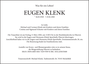 Traueranzeige von Eugen Klenk von Rundschau Gaildorf