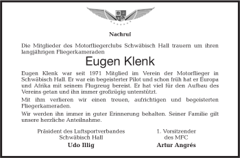Traueranzeige von Eugen Klenk von Haller Tagblatt