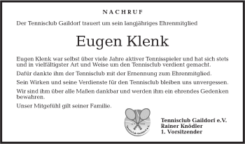 Traueranzeige von Eugen Klenk von Rundschau Gaildorf