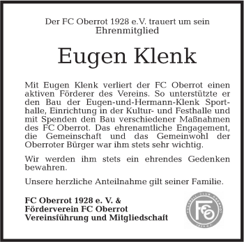 Traueranzeige von Eugen Klenk von Rundschau Gaildorf