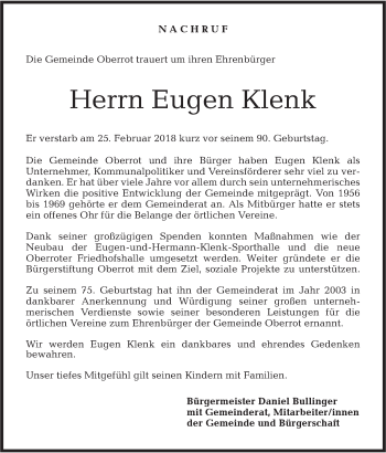 Traueranzeige von Eugen Klenk von Rundschau Gaildorf
