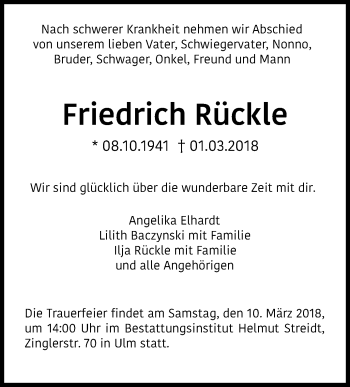 Traueranzeige von Friedrich Rückle von SÜDWEST PRESSE Ausgabe Ulm/Neu-Ulm