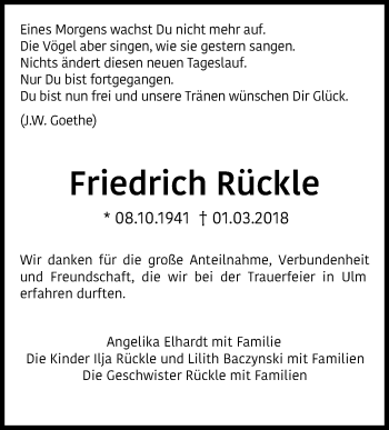 Traueranzeige von Friedrich Rückle von SÜDWEST PRESSE Ausgabe Ulm/Neu-Ulm