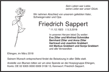 Traueranzeige von Friedrich Sappert von Ehinger Tagblatt