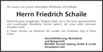 Traueranzeige von Friedrich Schaile von Haller Tagblatt
