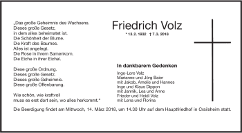 Traueranzeige von Friedrich Volz von Hohenloher Tagblatt