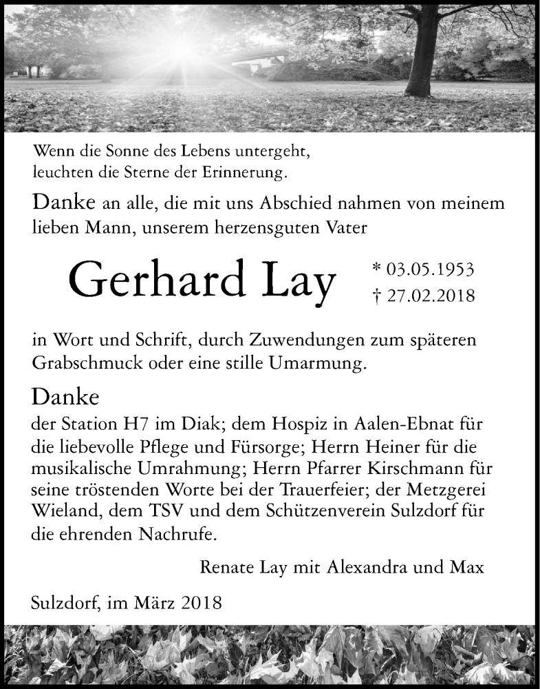  Traueranzeige für Gerhard Lay vom 31.03.2018 aus Haller Tagblatt