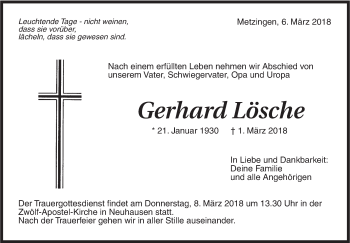 Traueranzeige von Gerhard Lösche von Metzinger-Uracher Volksblatt
