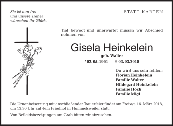 Traueranzeige von Gisela Heinkelein von Hohenloher Tagblatt