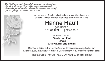 Traueranzeige von Hanne Hauff von SÜDWEST PRESSE Ausgabe Ulm/Neu-Ulm