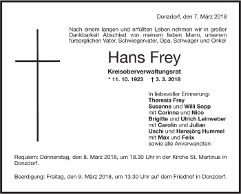 Traueranzeige von Hans Frey von NWZ Neue Württembergische Zeitung