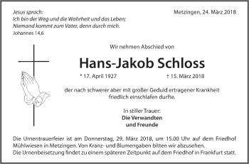 Traueranzeige von Hans-Jakob Schloss von Metzinger-Uracher Volksblatt