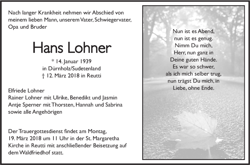  Traueranzeige für Hans Lohner vom 15.03.2018 aus SÜDWEST PRESSE Ausgabe Ulm/Neu-Ulm