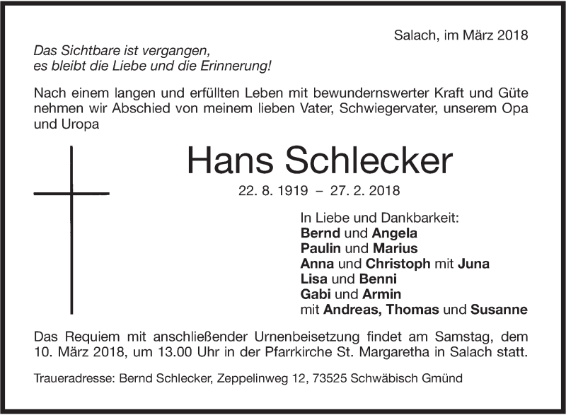  Traueranzeige für Hans Schlecker vom 02.03.2018 aus NWZ Neue Württembergische Zeitung