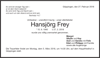 Traueranzeige von Hansjörg Frey von NWZ Neue Württembergische Zeitung