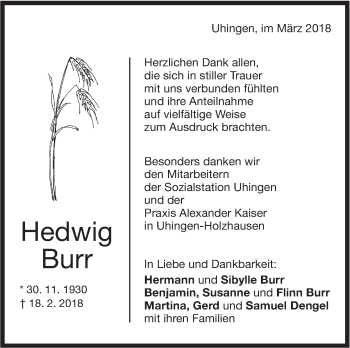 Traueranzeige von Hedwig Burr von NWZ Neue Württembergische Zeitung