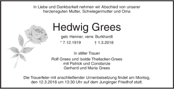 Traueranzeige von Hedwig Grees von SÜDWEST PRESSE Ausgabe Ulm/Neu-Ulm