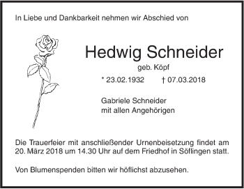 Traueranzeige von Hedwig Schneider von SÜDWEST PRESSE Ausgabe Ulm/Neu-Ulm