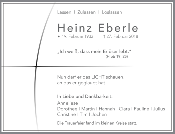 Traueranzeige von Heinz Eberle von Geislinger Zeitung