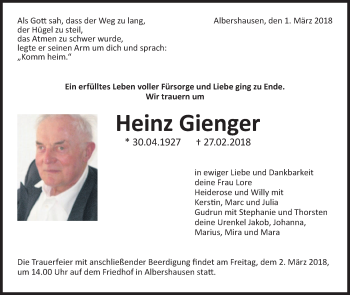 Traueranzeige von Heinz Gienger von NWZ Neue Württembergische Zeitung