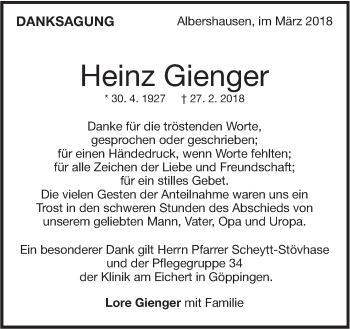 Traueranzeige von Heinz Gienger von NWZ Neue Württembergische Zeitung