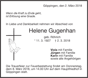 Traueranzeige von Helene Gugenhan von NWZ Neue Württembergische Zeitung