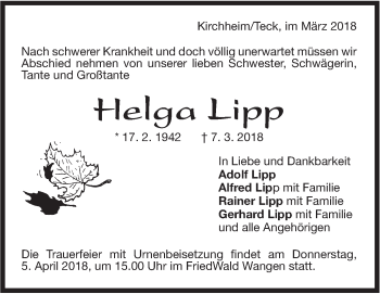 Traueranzeige von Helga Lipp von NWZ Neue Württembergische Zeitung