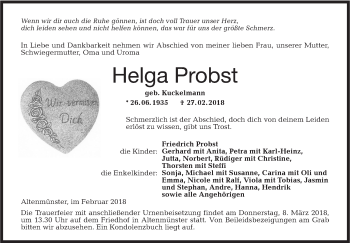 Traueranzeige von Helga Probst von Hohenloher Tagblatt