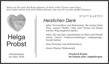 Traueranzeige von Helga Probst von Hohenloher Tagblatt