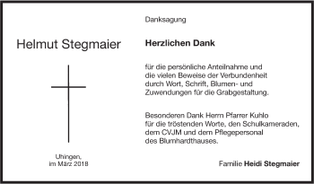 Traueranzeige von Helmut Stegmaier von NWZ Neue Württembergische Zeitung