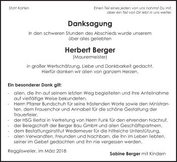 Traueranzeige von Herbert Berger von Illertal Bote