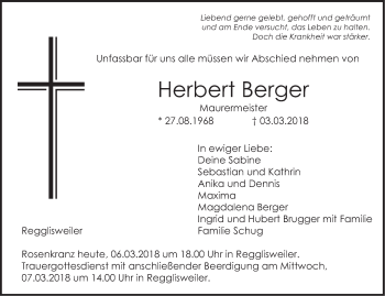 Traueranzeige von Herbert Berger von Illertal Bote